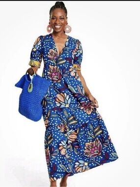 Tabitha Brown Blue Floral Maxi Dress Multicolor Blooms Size 0 Puff Sleeves